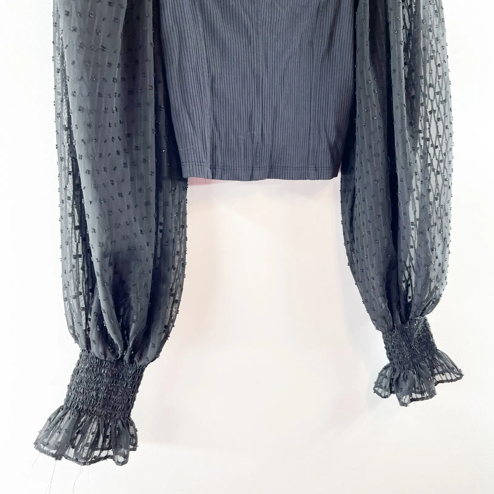 Urban Outfitters Cynthia Ribbed Square Neck Clip Dot Long Sleeve Crop Top Black - Image 7