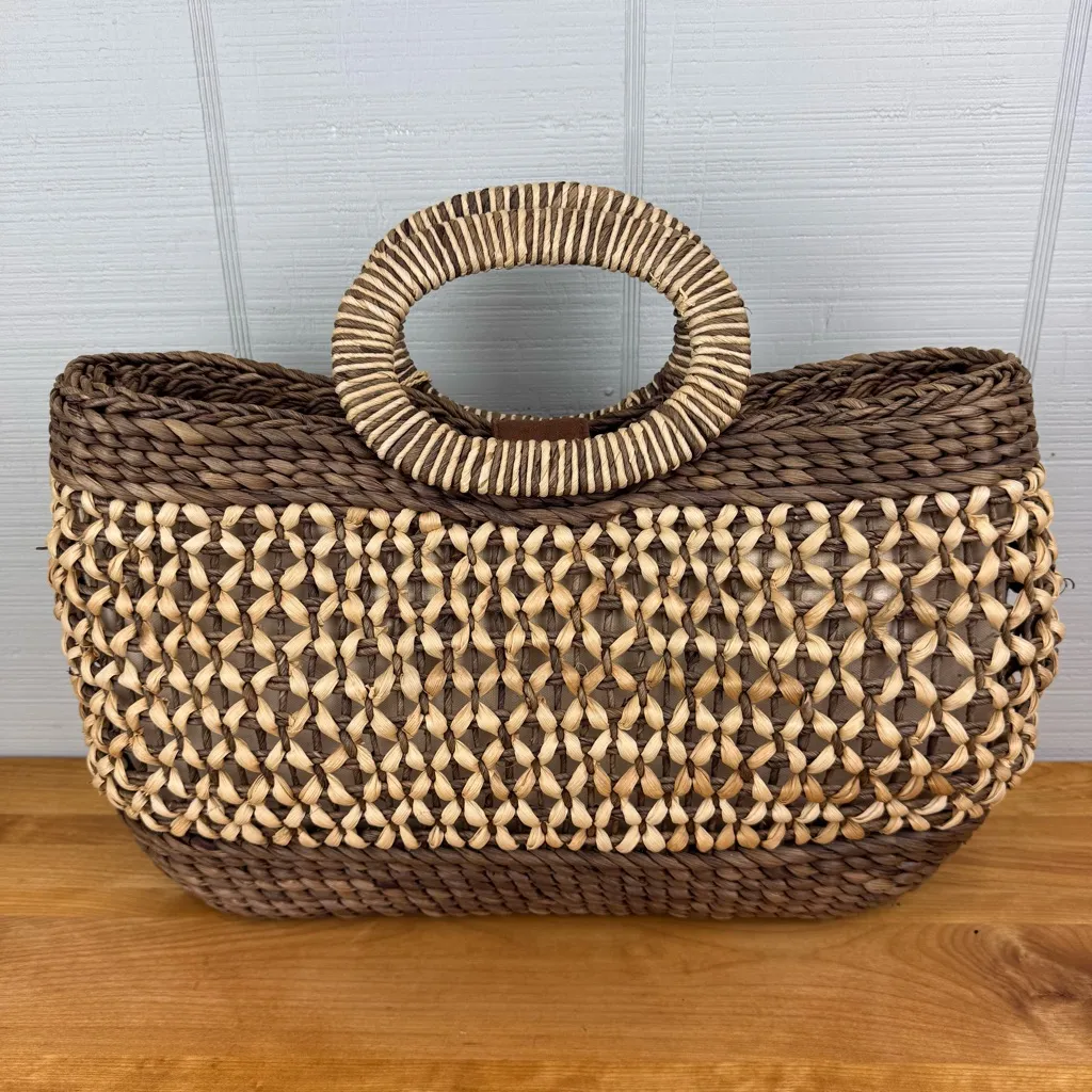 HomeTown HandCrafts Natural Woven Straw Basket Bag Round Handle Summer Vacation Tan - Image 2