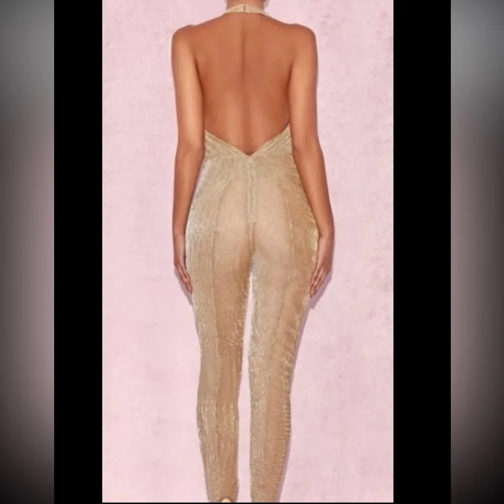 House of CB Gold Glittery Deep V plunge neck jumpsuit - Image 6