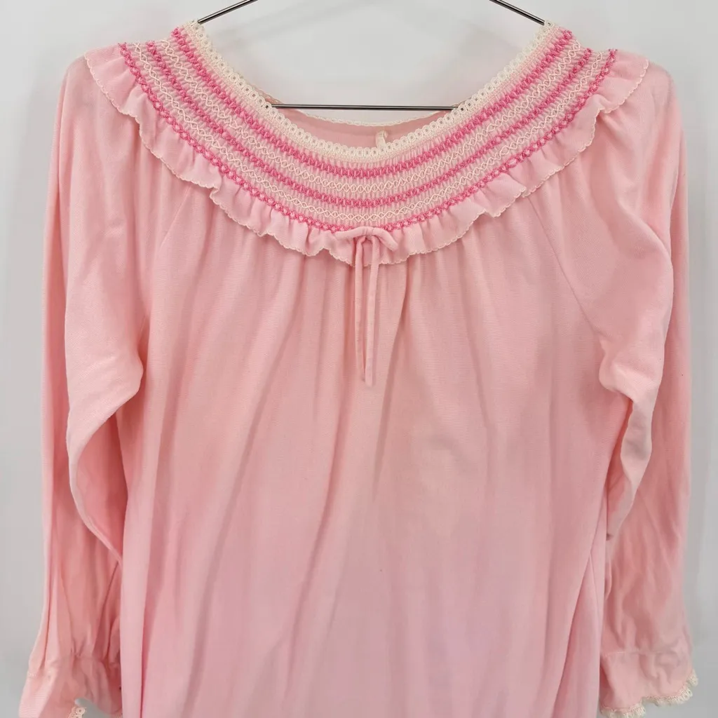 Vintage JCPenney Pink Long Nightgown Smocked Neckline Bow Soft Nylon 80s Medium - Image 3