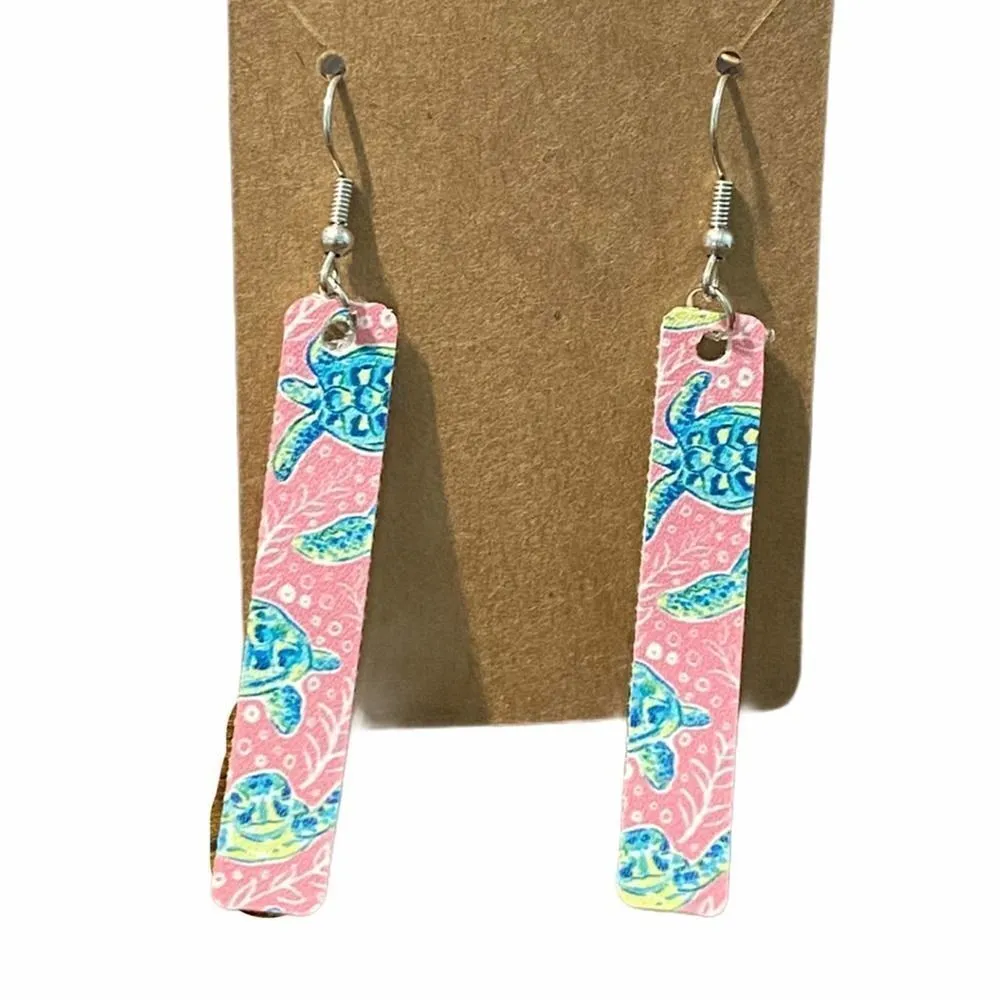 Sea Turtles‎ Bar Dangle Drop Earrings Pink Teal Pink - Image 2