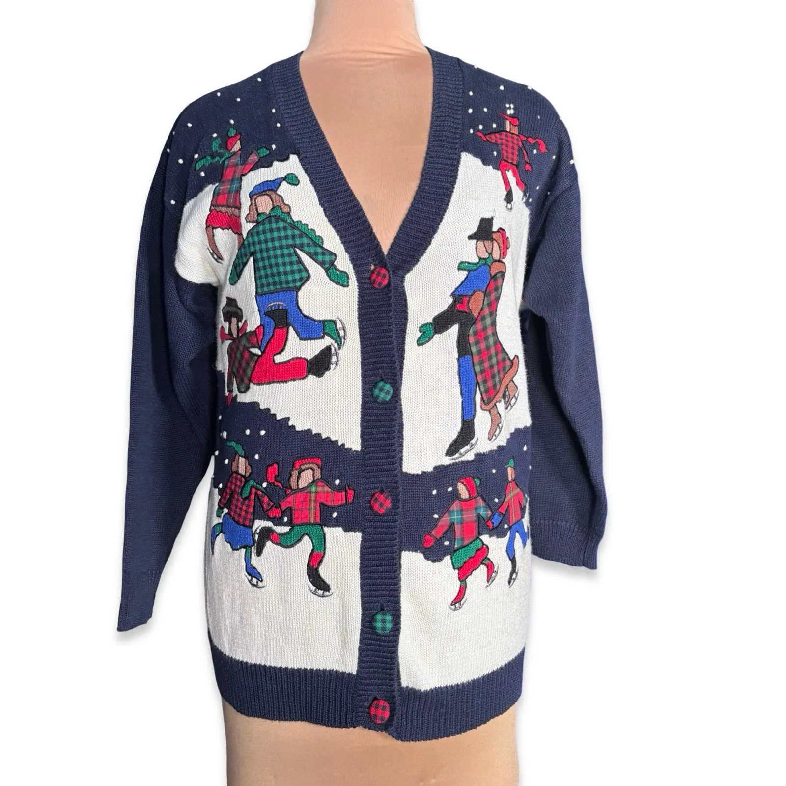 Vintage 90s Susan Bristol Petites Ice Skating Navy Plaid Cardigan Sweater Medium Blue Size undefined - Image 9