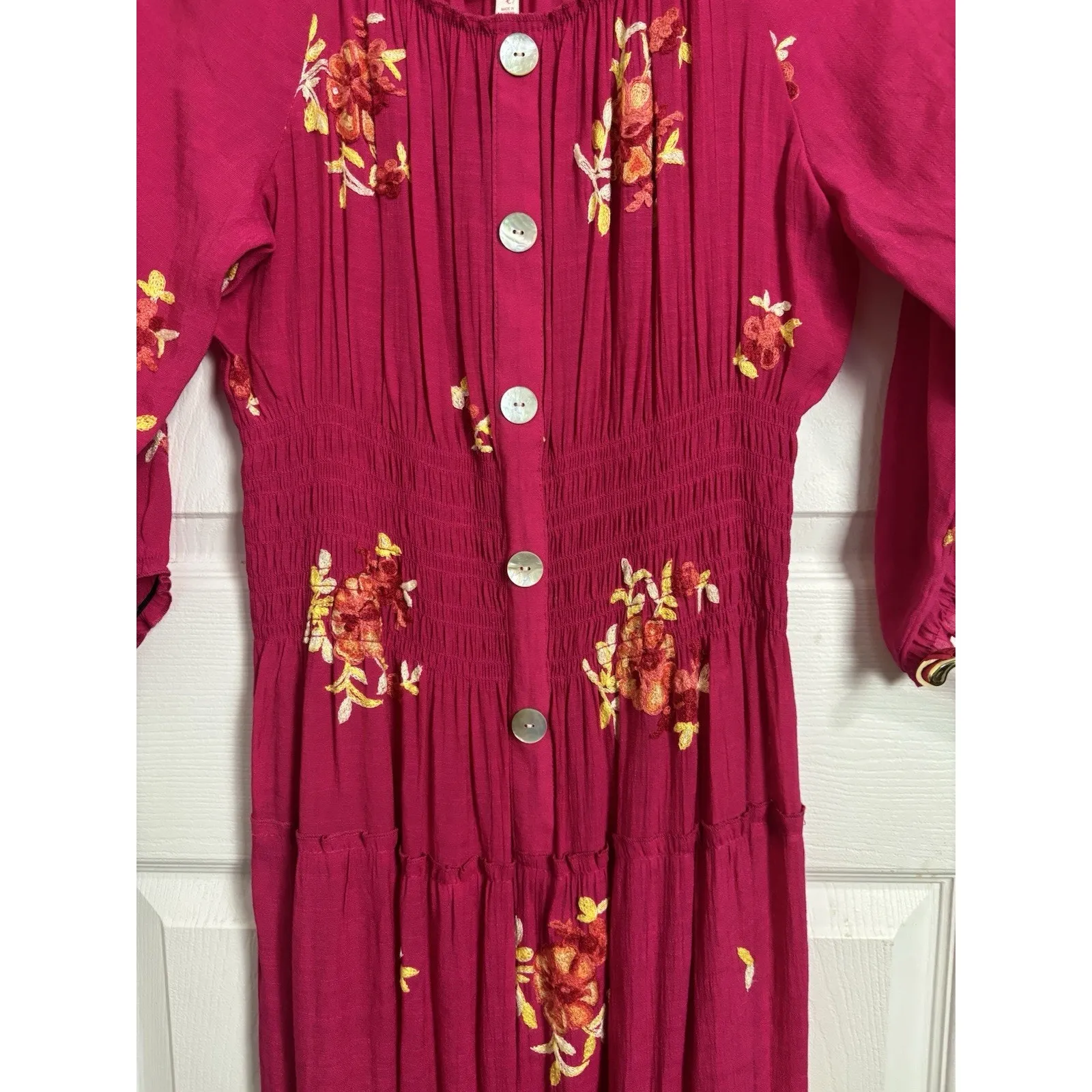 Anthropologie Fig & Flower Pink Floral Embroidered Tiered Maxi Dress Size Large - Image 6