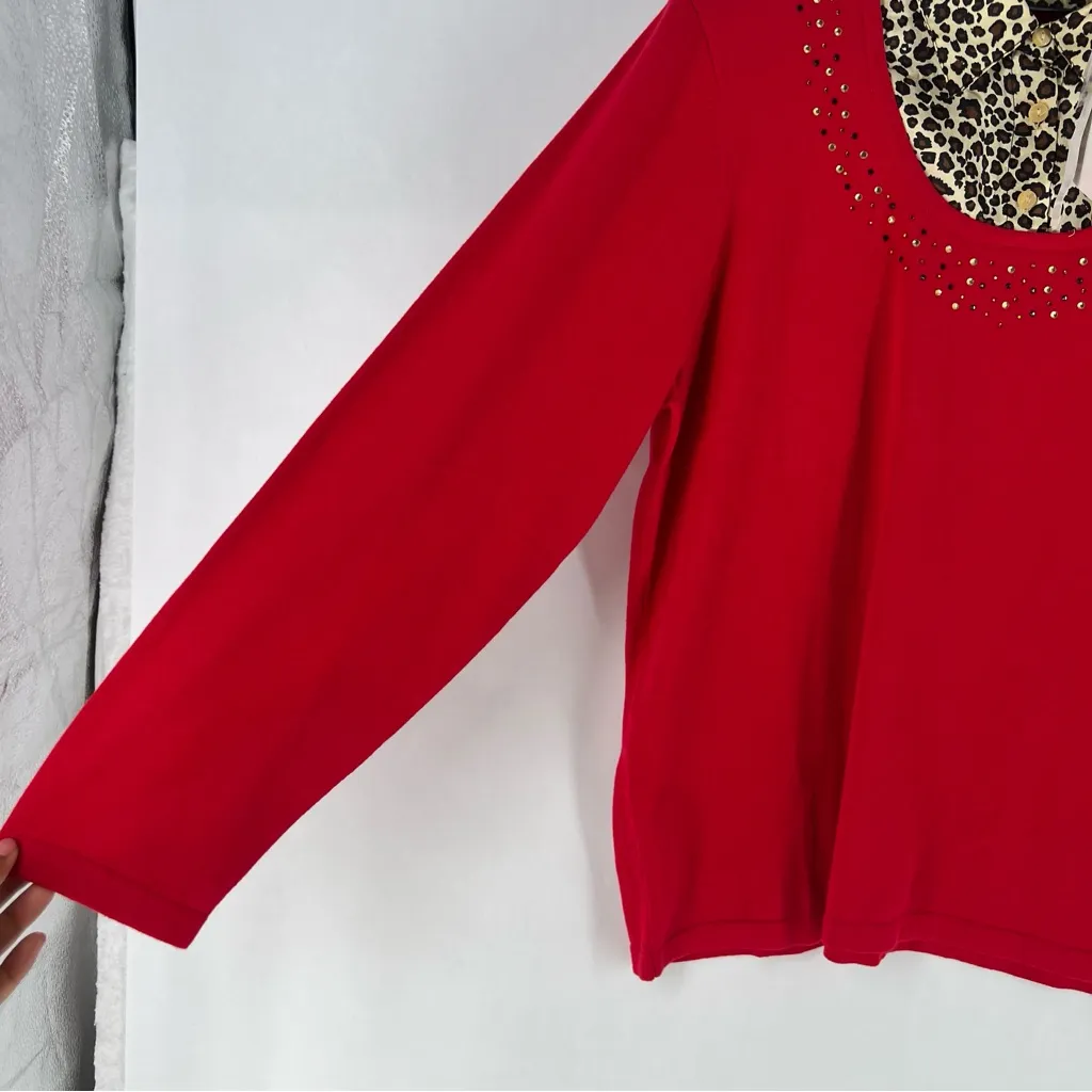 Quaker‎ Factory Embellished Red Knit Sweater Contrasting Satin Leopard Collar XL - Image 6