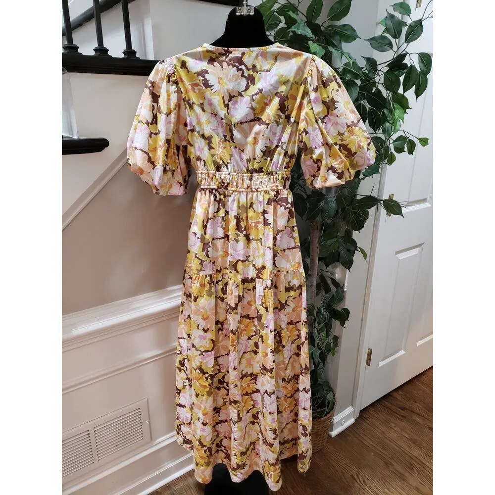 MINKPINK Women's Multi Floral Pleated V Neck Short Sleeve Long Maxi Dress Medium - Image 2