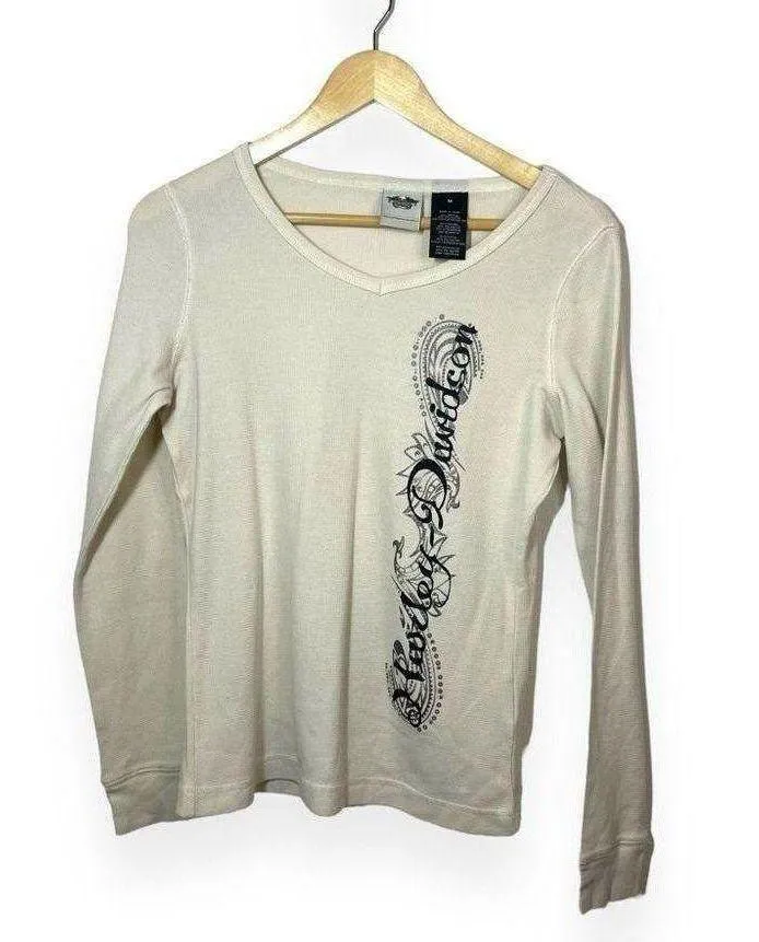 VINTAGE Harley Davidson V-Neck Thermal Rhinestone Long Sleeve in Ivory Size M - Image 2