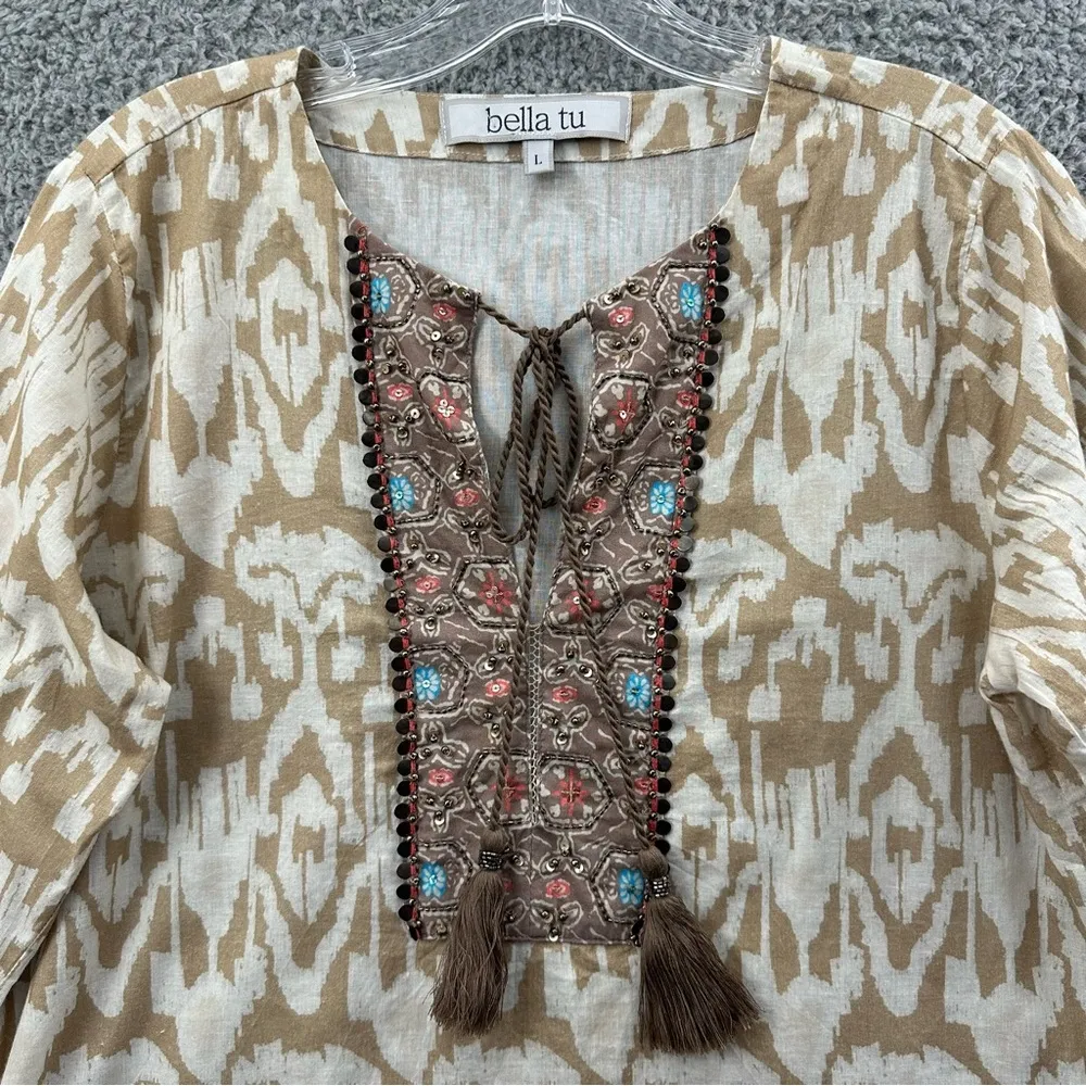 Bella Tu Long Sleeve Tunic Top V Neck‎ Beige Cotton Beaded Sequin Boho Women's L Tan Size L - Image 2