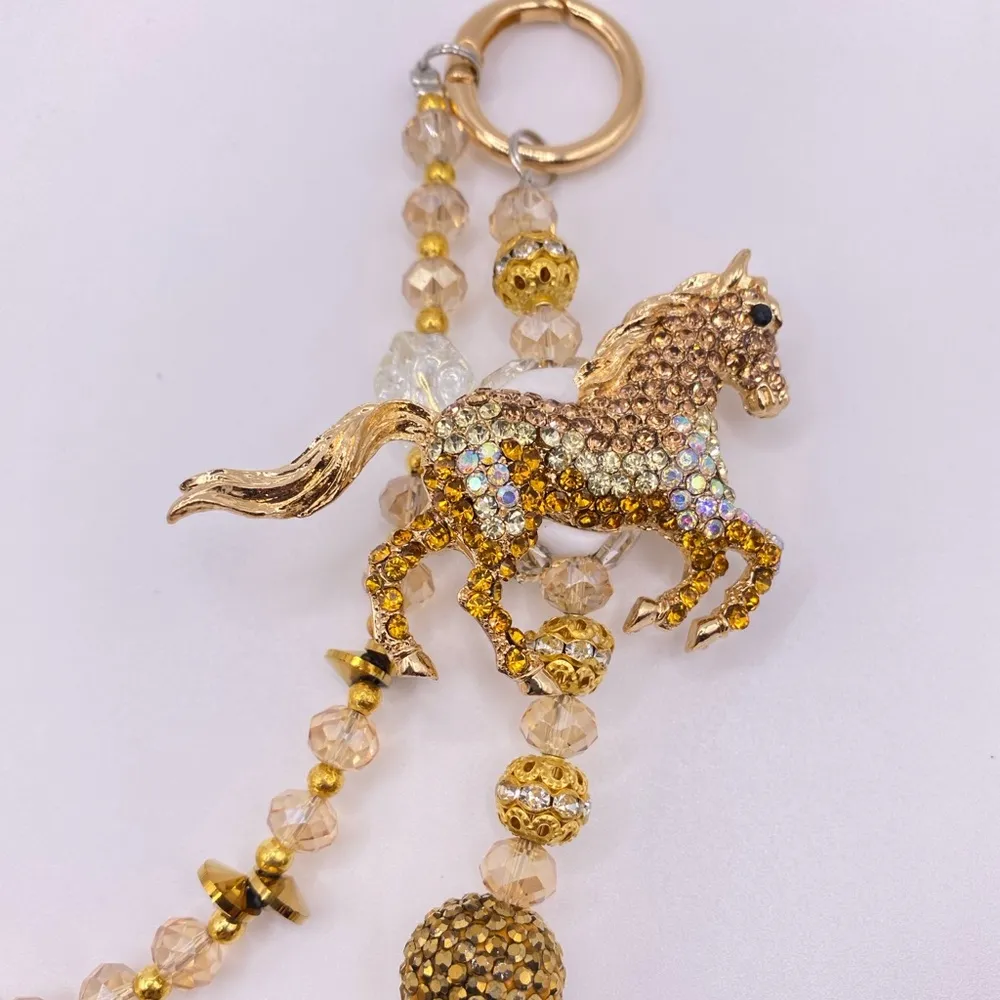 🐴Luxury Bag/Phone Chain Charm/Keychain Champagne Brown Horse Bling Crystal Beads - Image 7
