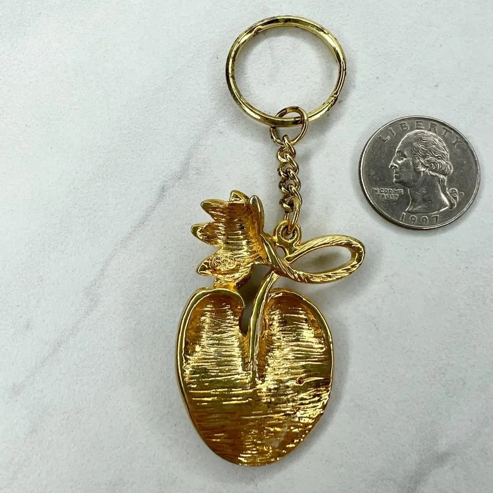 SFJ Vintage Gold Tone Metal Frog Lily Pad Keychain Keyring - Image 3