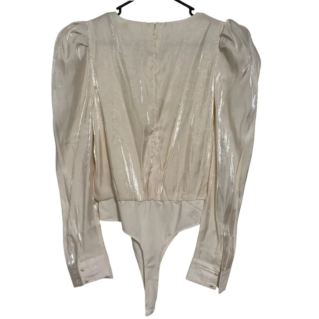 TCEC Round Neck Puff Sleeve Body Suit Long Sleeve Metallic Cream NWOT Large - Image 4