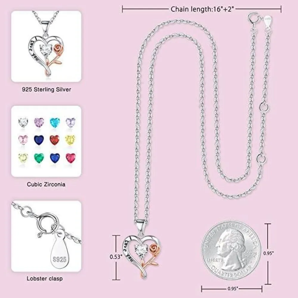 Love Heart Pendant Necklace for Women Sterling Silver Rose Flower Heart Necklace - Image 2