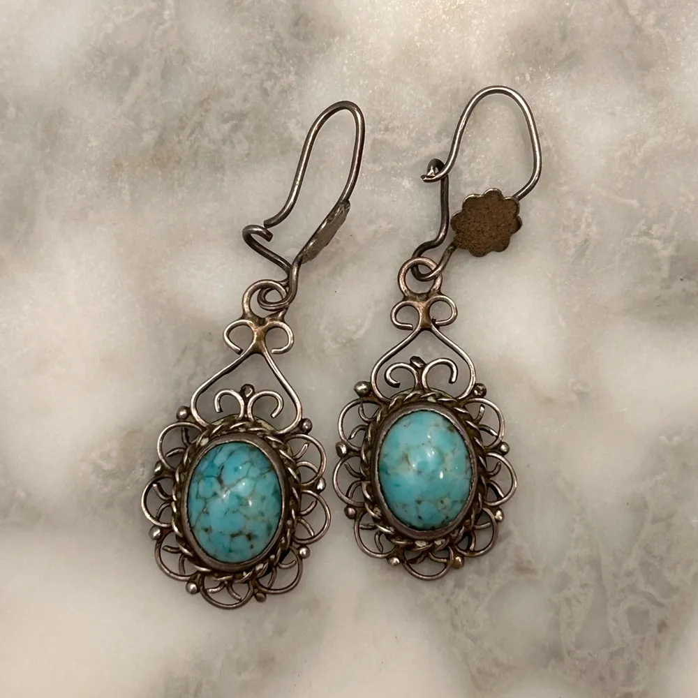 Turquoise and silver Dangle Earrings Blue - Image 2