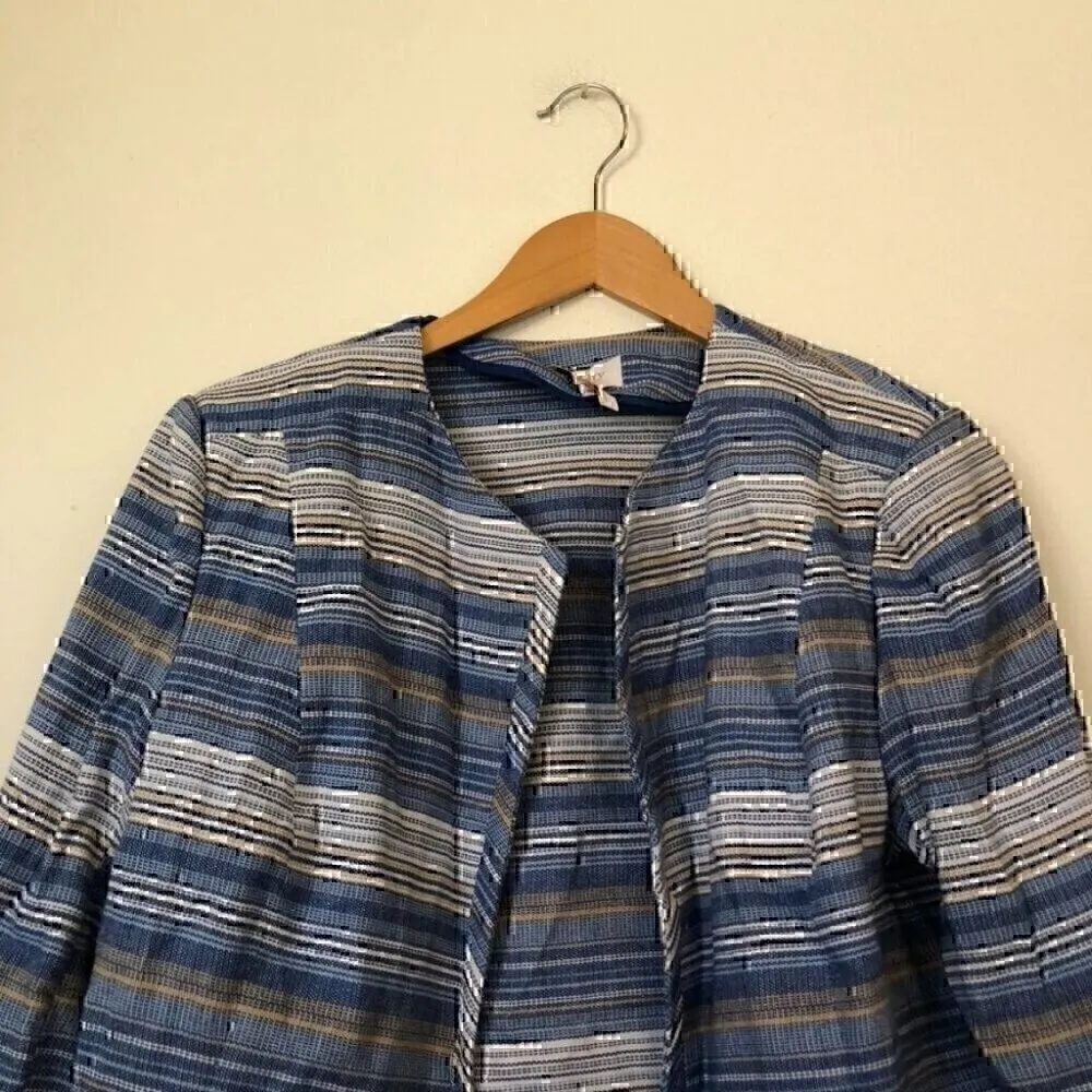 LAUNDRY BY SHELLI SEGAL Blue White Tan Striped Tweed Open Front Blazer Jacket 14 - Image 3