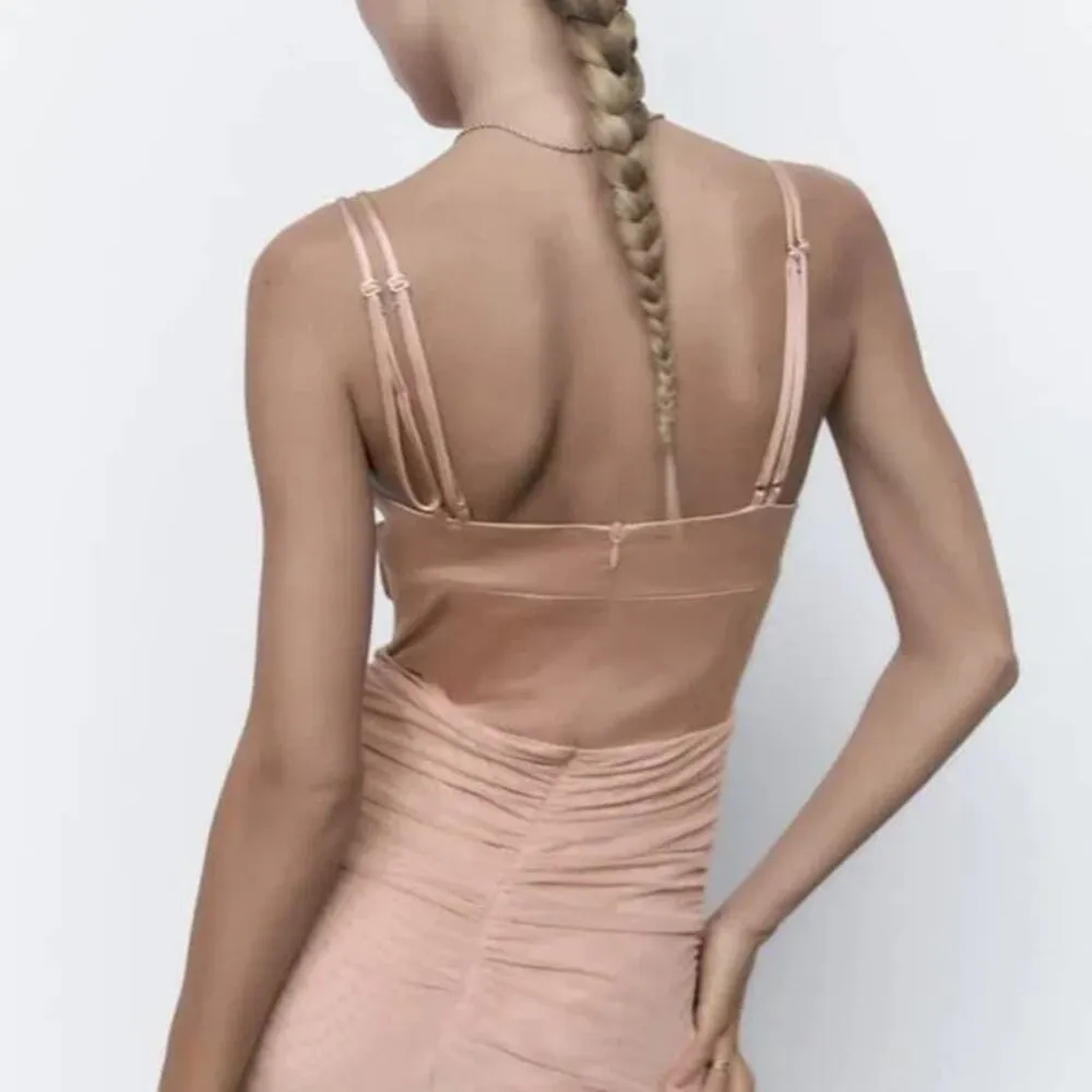ZARA Ruched Tulle Corset Dress Beige Pink Size Small Satin Balletcore Sexy - Image 11