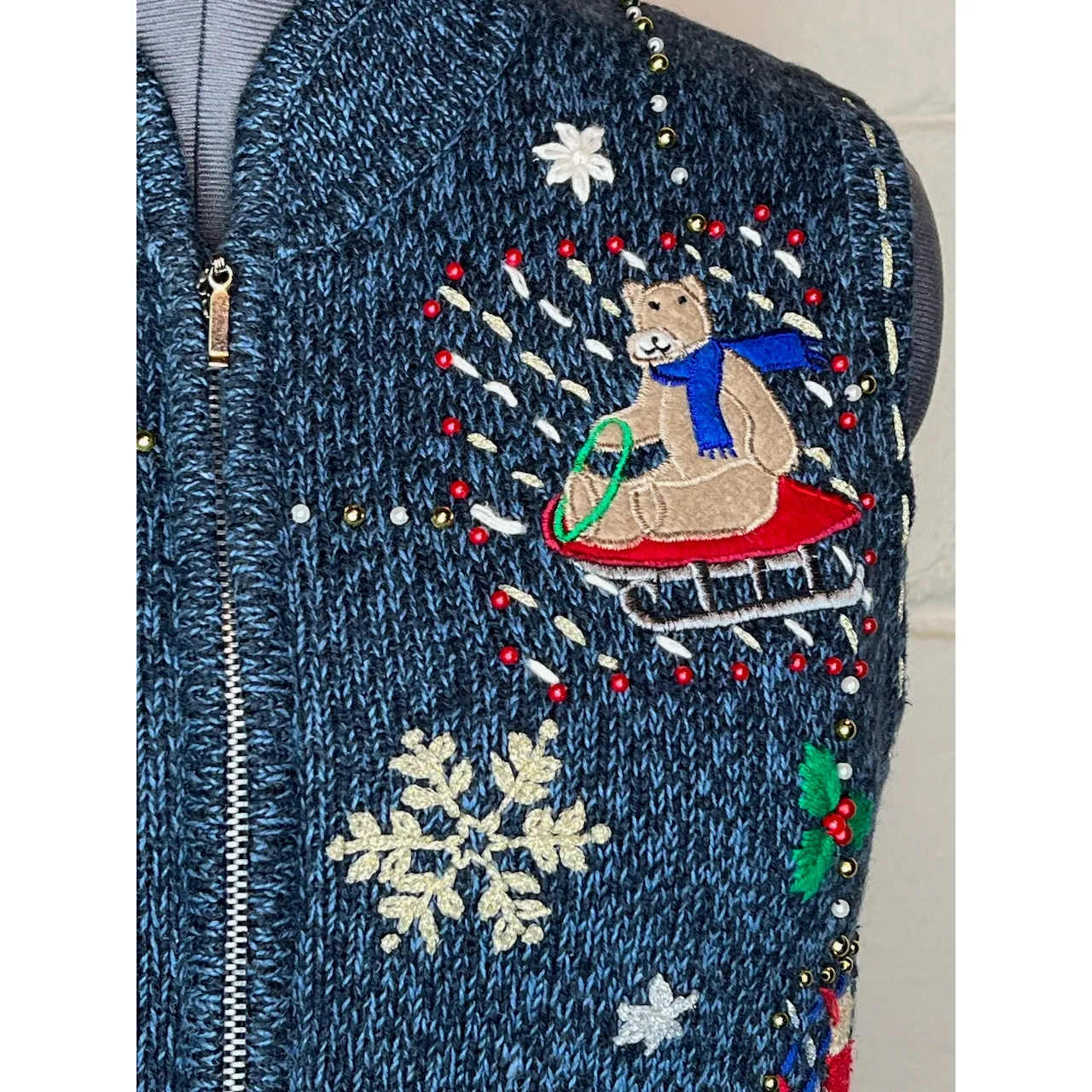 christmas sweater vest snowmen snowflakes beaded Blue Size M - Image 3