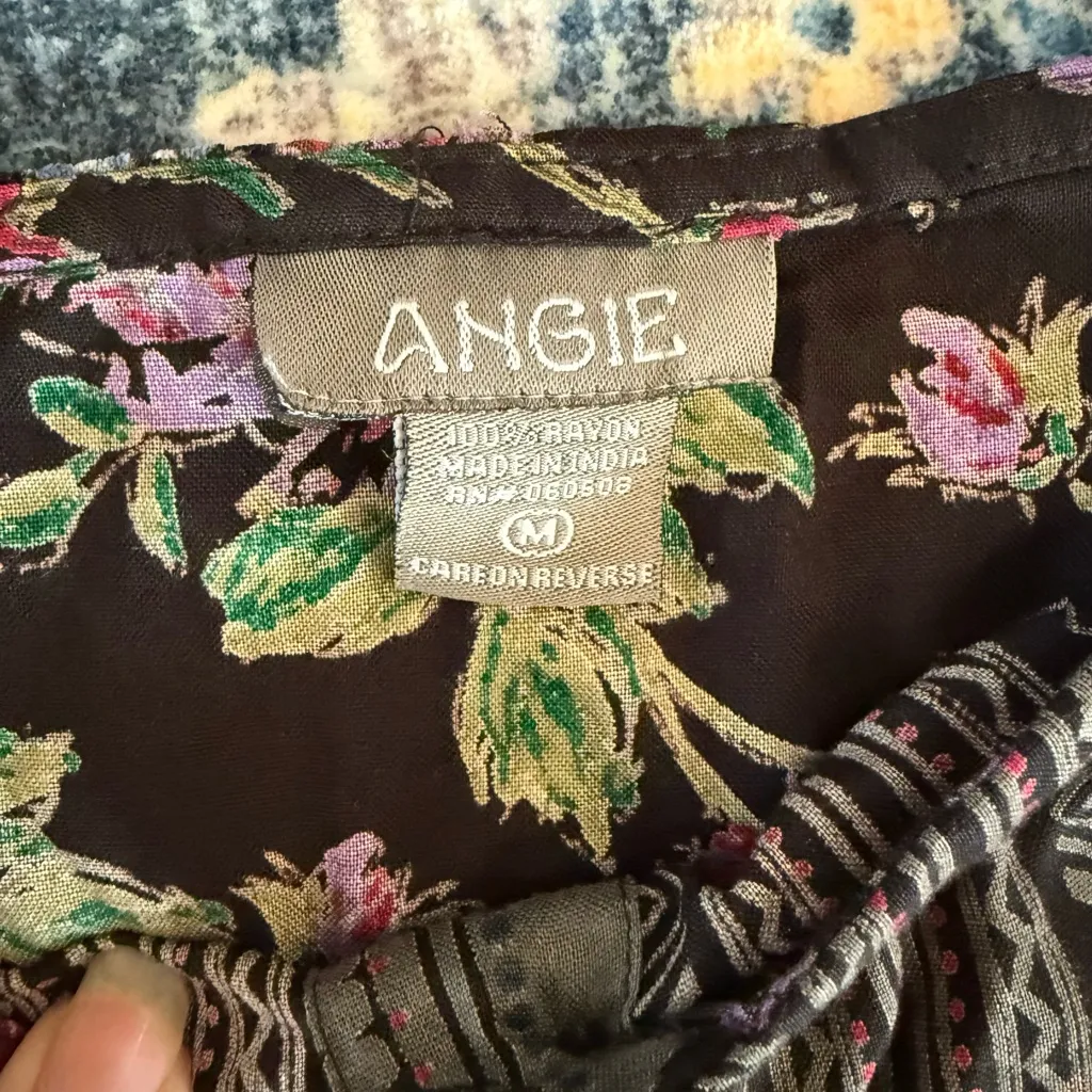 248 Angie Black Floral Cottage Core Mini Dress Purple Black Medium - Image 3