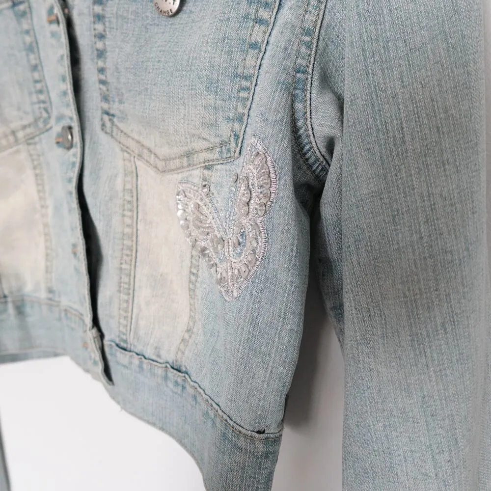 Vintage Y2K Butterfly Sequin Beaded Embroidered Light Wash Denim Jean Jacket Size M - Image 5