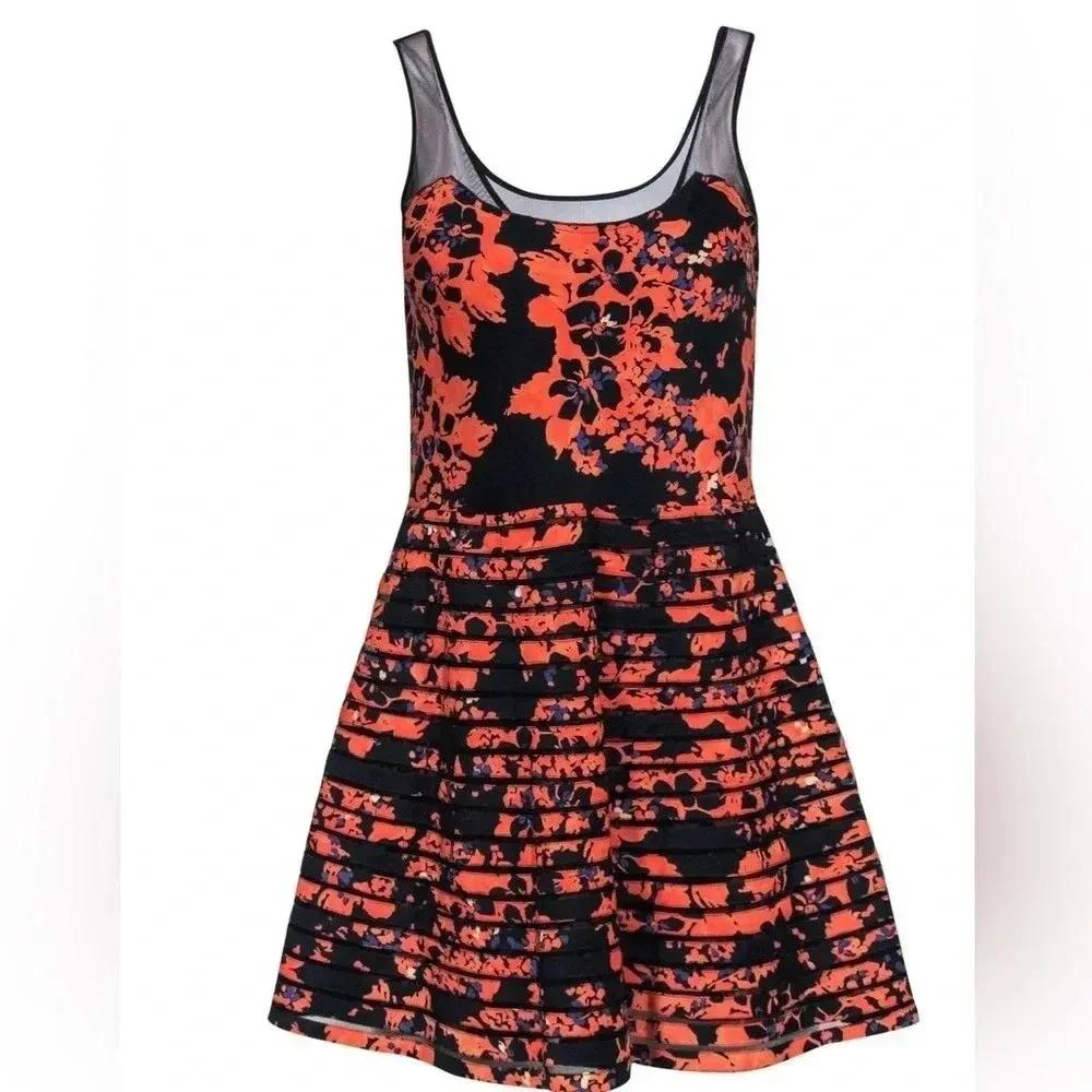 Parker Orange & Black Petal Bloom Mesh Sleeveless Fit & Flare Silk Dress Size M - Image 5
