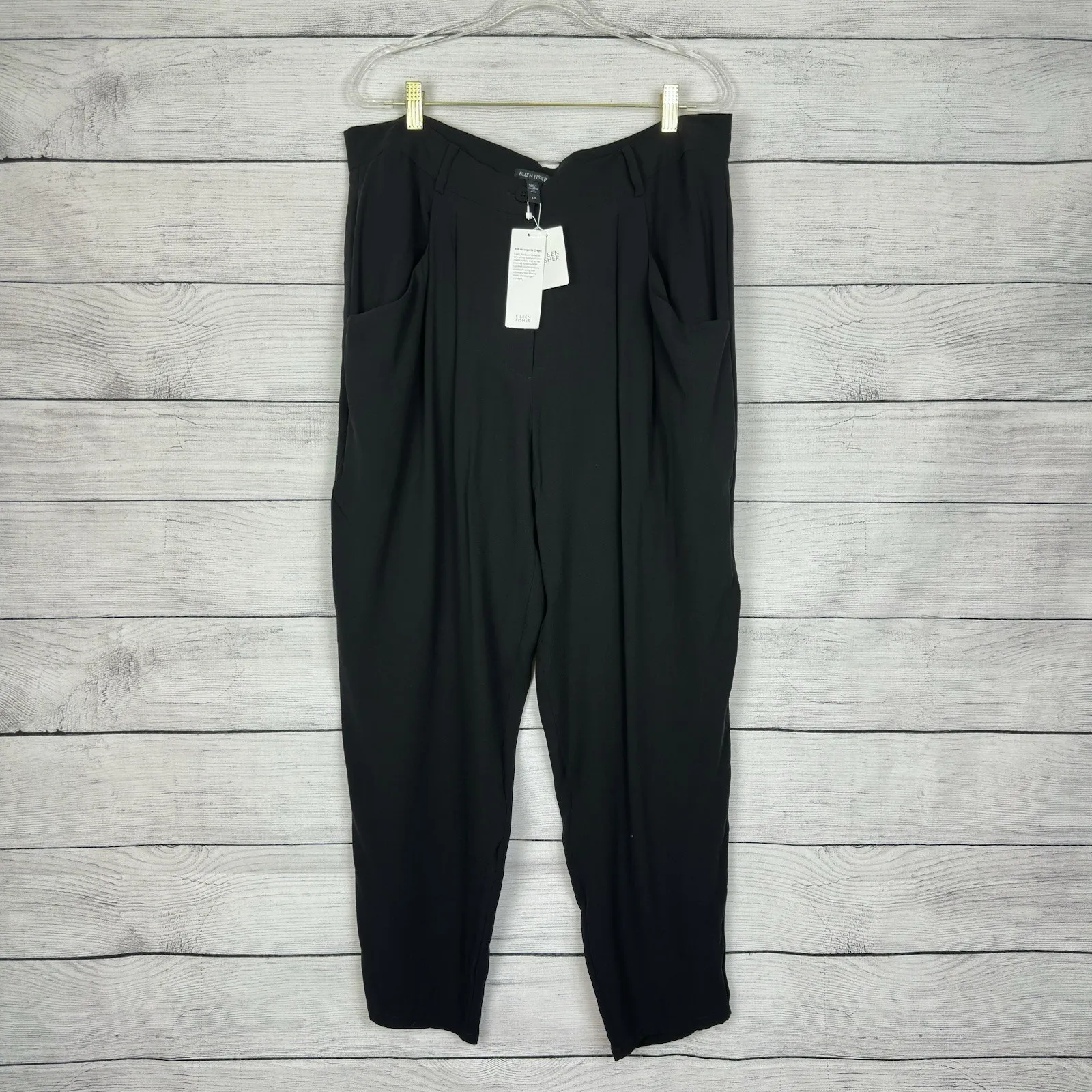 Eileen Fisher Black Silk‎ Taper Georgette Crepe Ankle Pant Size Large Modern NWT - Image 2