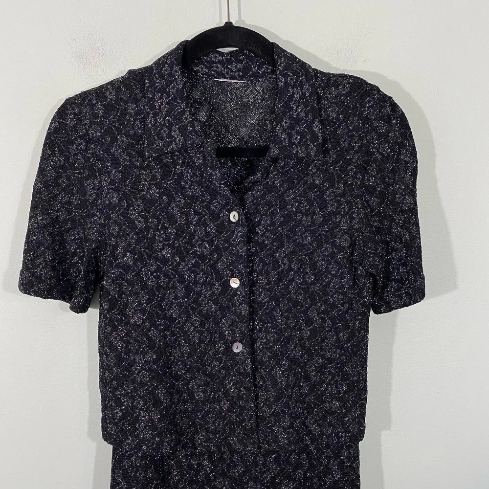 Vintage 80's Black & Silver Metallic Open Knit Midi Dress with Matching Top Size 4 - Image 2