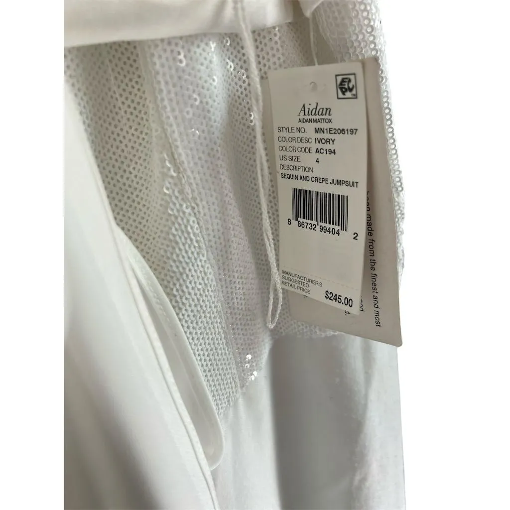 Aidan‎ Mattox Women's Ivory Sequin Crepe Jumpsuit Size 4 Party Cocktail - Image 5