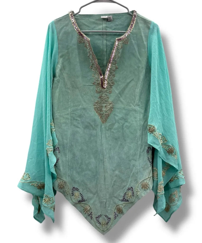 Vintage Wilson's Leather Blue Suede Boho Western Sequin Kimono Sleeve Top Sz XL - Image 1