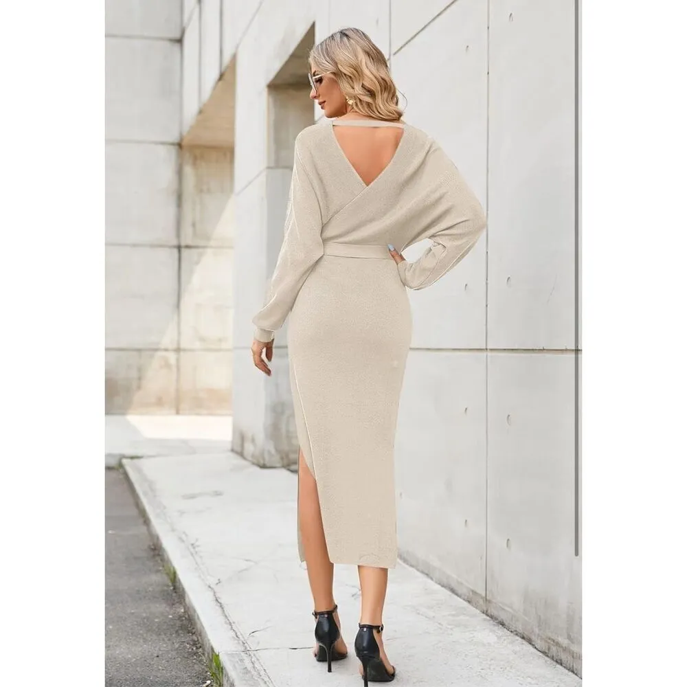 NEW Long Sleeve Sweater V Neck Wrap Knit Dress NO Belt S White - Image 4