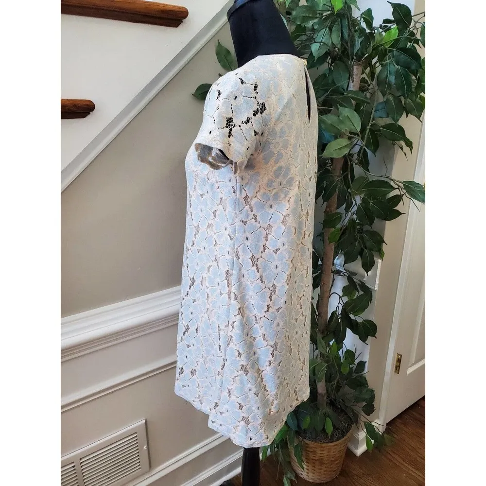 Dee Elle Blue Cream Lace Floral Short Sleeve Knee Length Shift Dress Size Small - Image 7