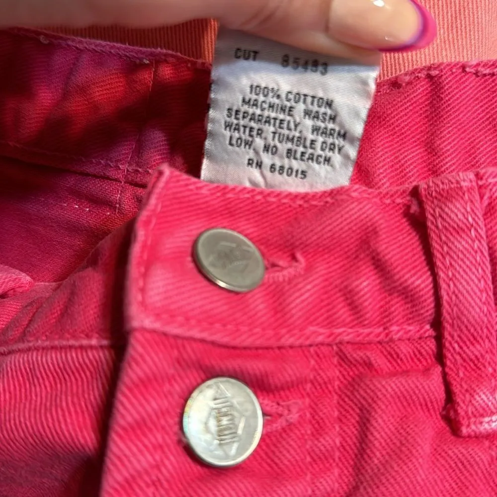 Vintage bongo button fly pink denim jean shorts  big logo on back size 5 - Image 12