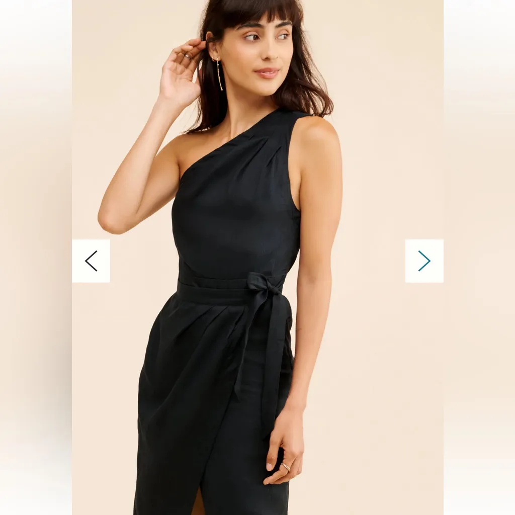 Anthropologie Linen Black Asymmetrical One Shoulder Midi Dress Belted 4P - Image 2