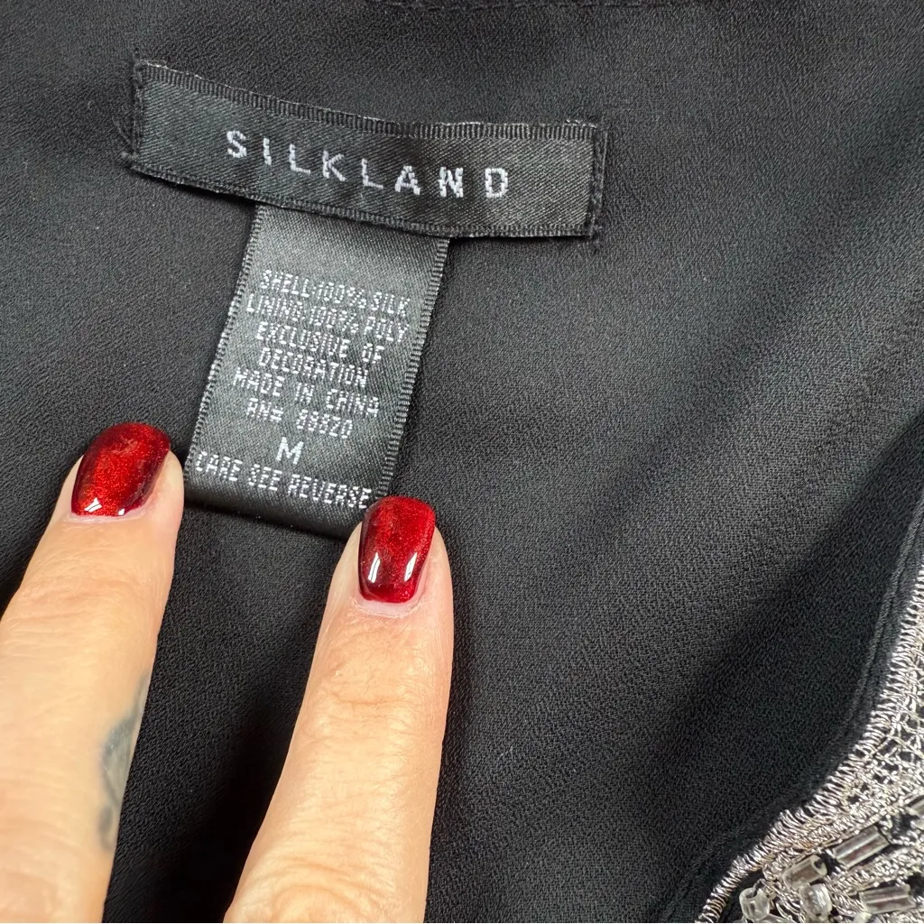 Vintage Y2K Silkland Flutter Sleeve Beaded Embroidered 100% Silk Top Size M Black Size M - Image 7