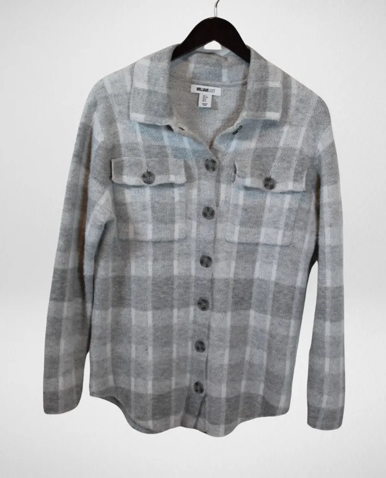 WILLIAM RAST Womens Size Small Gray Check Plaid SOFT & FUZZY Buttoned Sweater - Image 1