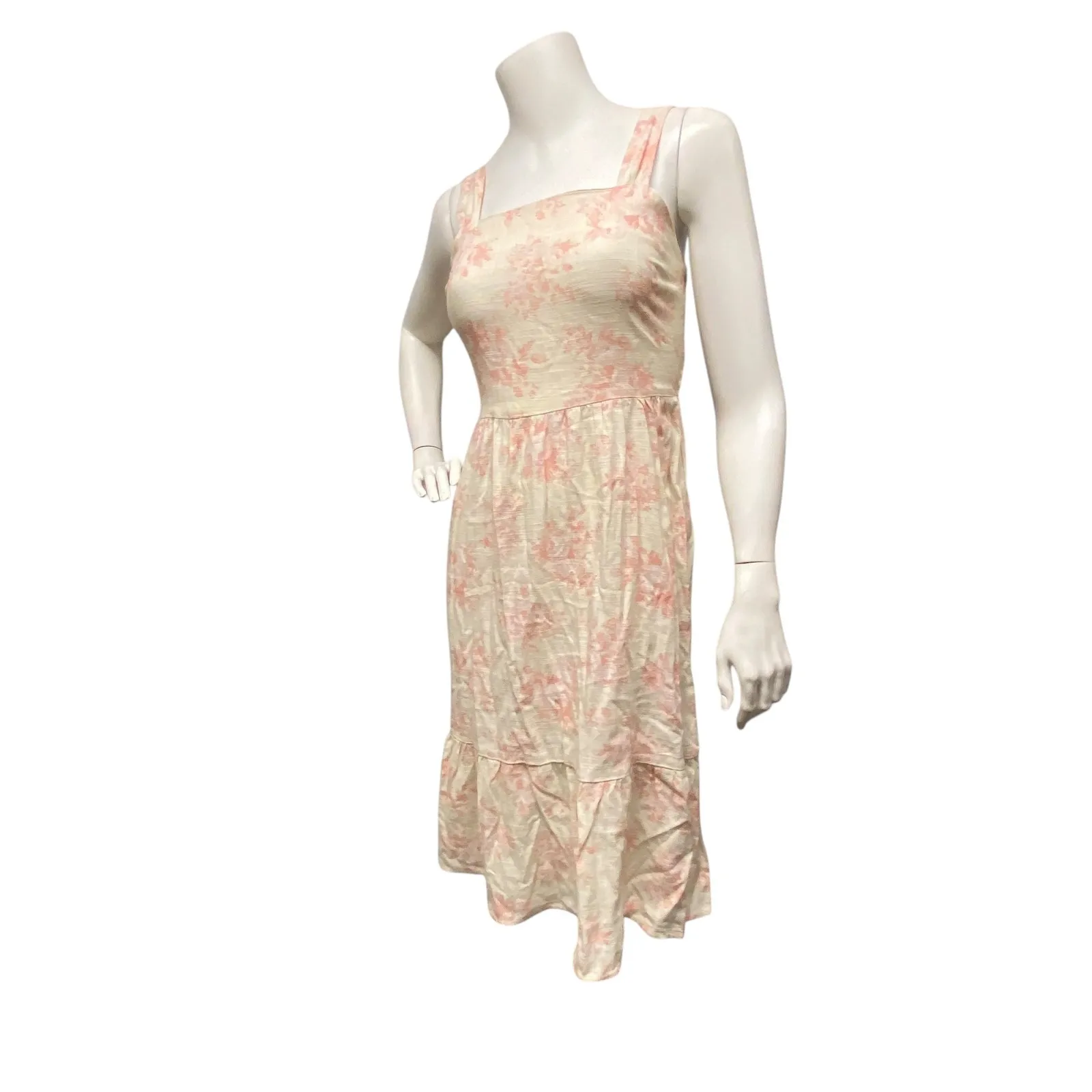 Linen Blend Small Floral Square Neck Smocked Back Tiered Midi Dress Resort wear Pink - Image 3