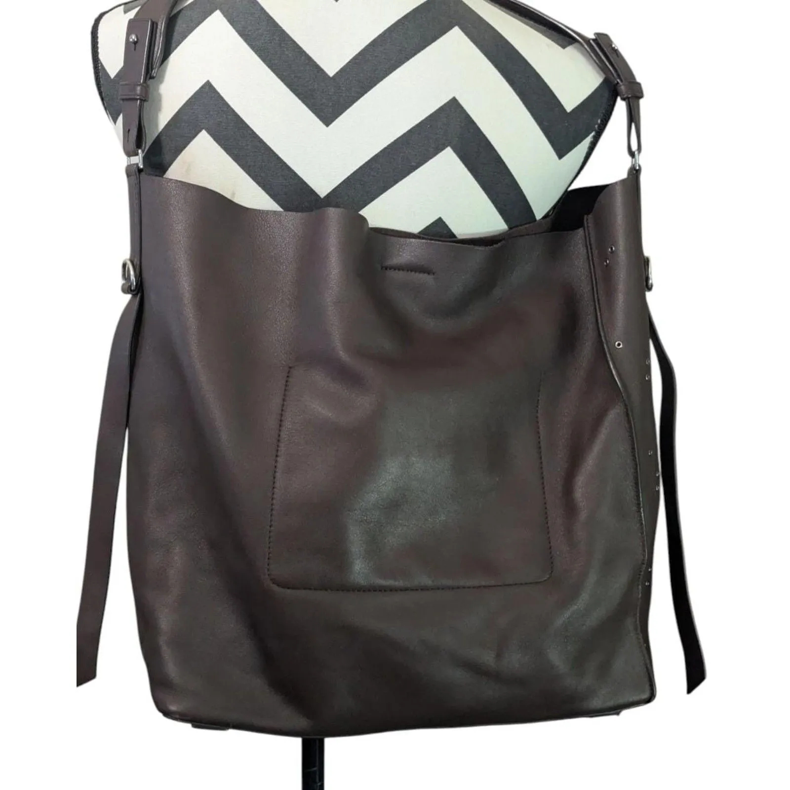 AllSaints Junai Leather Tote Crossbody Bag Brown Studded Studs Shoulder Hobo - Image 9