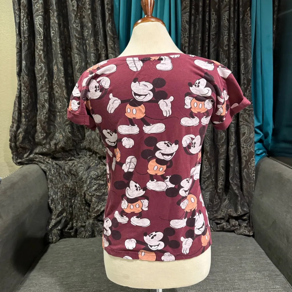 Disney Women Mickey Mouse All‎ Over Burgundy Crew Neck Short Sleeve Tee Size M - Image 3