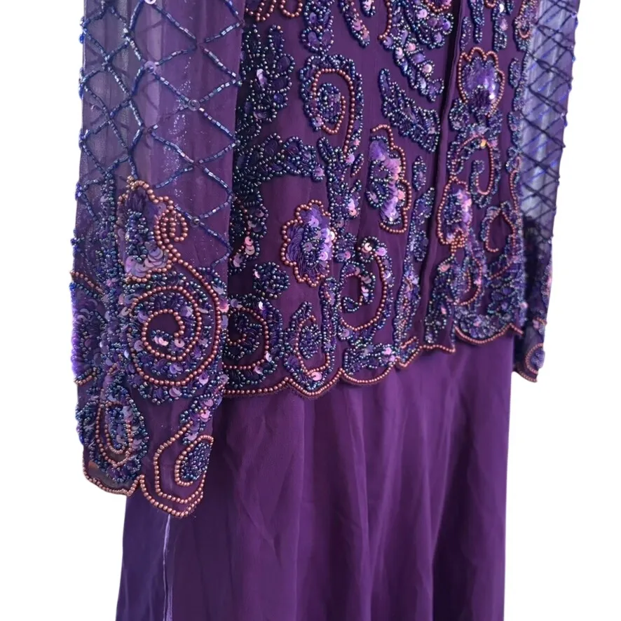 Vtg Adrianna Papell 100% Silk Beaded Maxi Dress Sz 6 Purple Drop Waist Sheer - Image 5