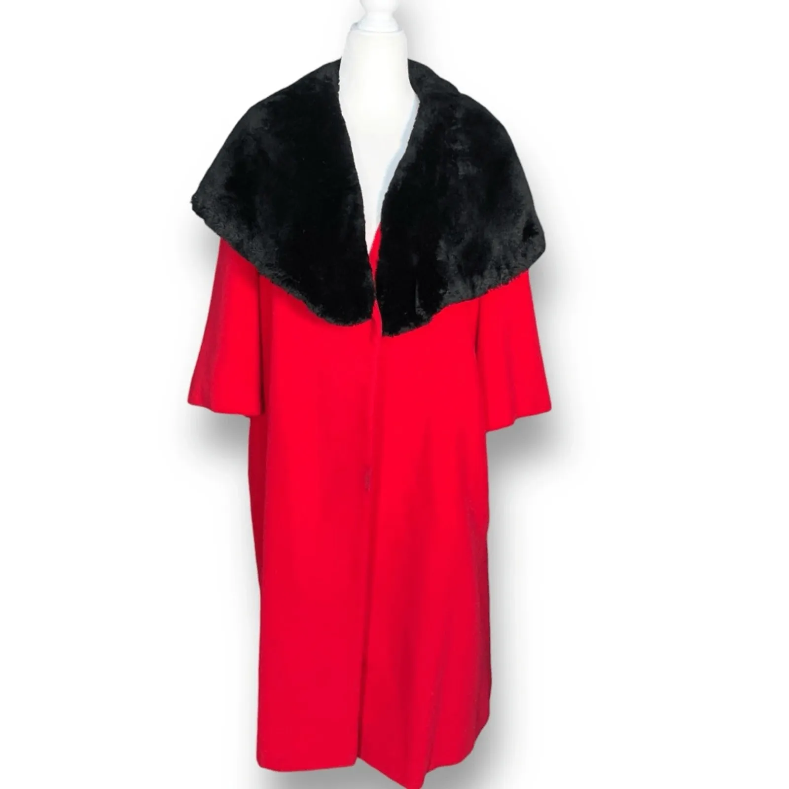 Vintage 50s Red Coat Black Faux Fur Collar Bains Las Vegas Medium Holiday Glam - Image 3