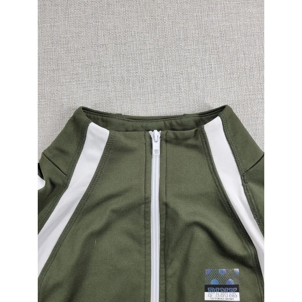 PINK Victoria's Secret Women's Track Jacket M Army Green Half Zip Thumbholes - Image 6