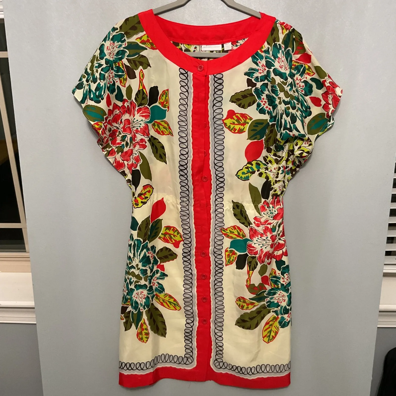 New York Company Floral Print Button Front Dress Womens XS Red Trim Green - Image 2