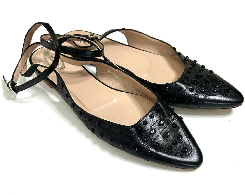 Tod's Embellished Point-Toe Flats with Ankle Strap in Black Size 10.5 / 11 - Image 13