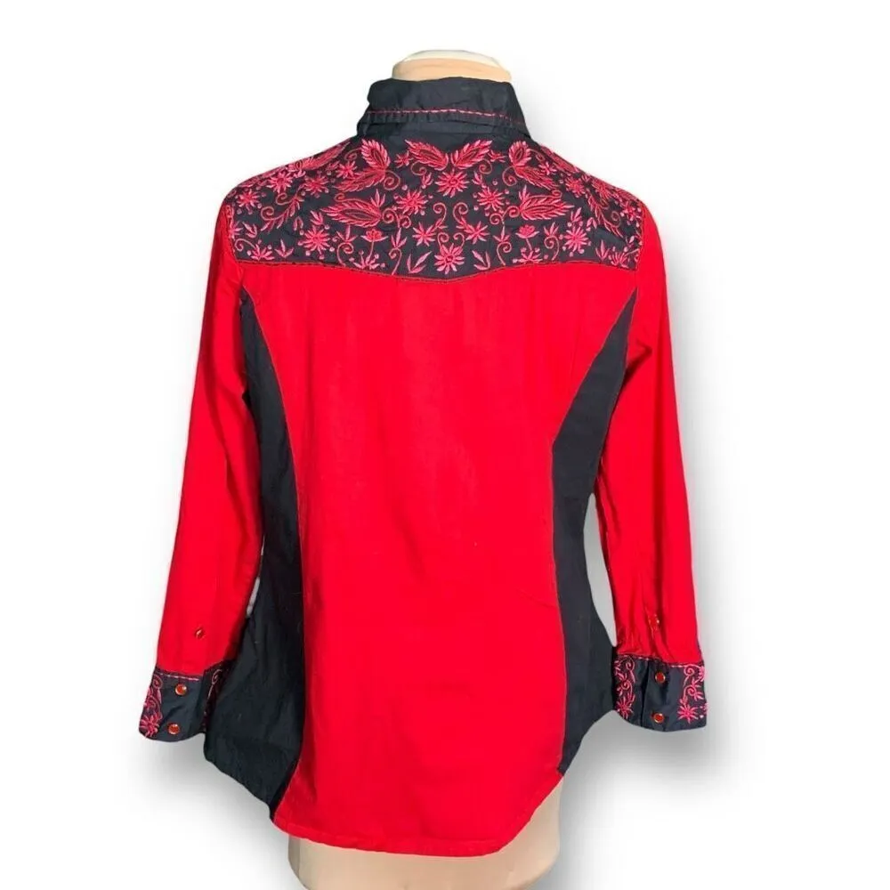 Vintage Collection Red Black Floral Embroidered Long Sleeve Western Shirt Large Red - Image 5