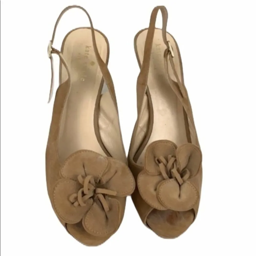 Kate Spade Flower Tan Suede Slingback Peep Toe Designer High Heel Pumps Size 8 - Image 4