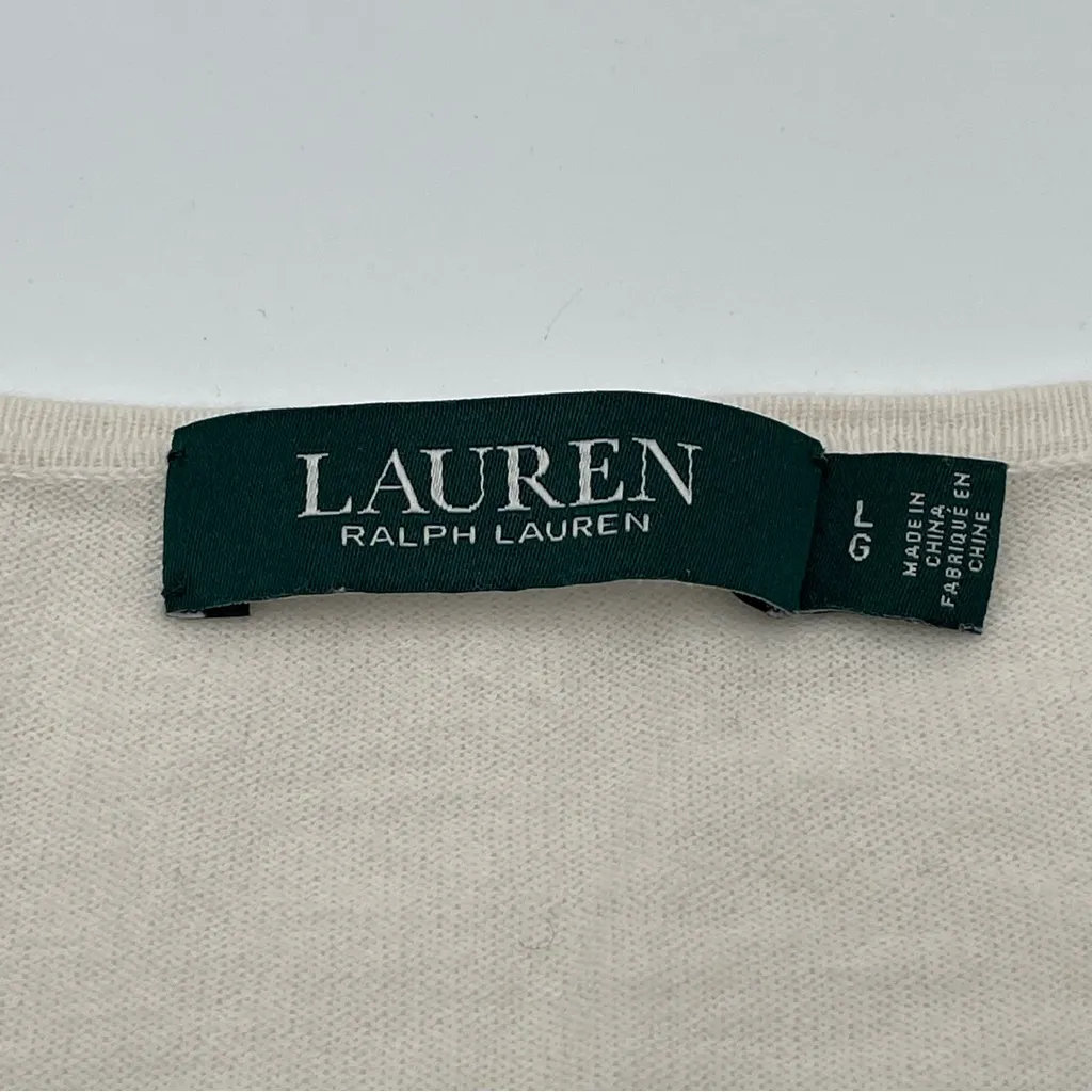 Lauren Ralph Lauren Button Cuff Sweater Women’s Large Ivory V-Neck Knit Cotton - Image 9