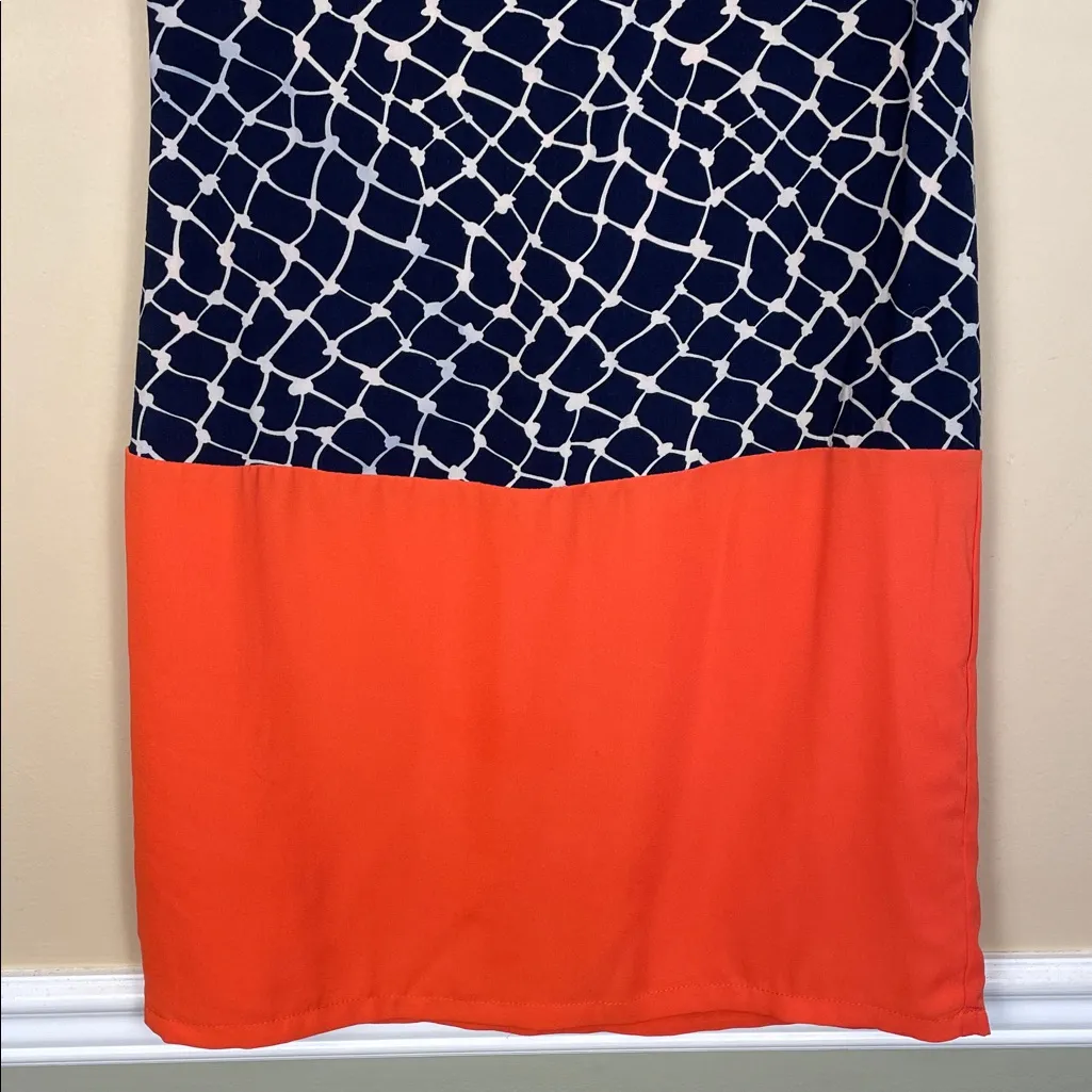THML Women’s Patterned Navy Blue White Orange Sleeveless Chic Office Work Dress - Image 3