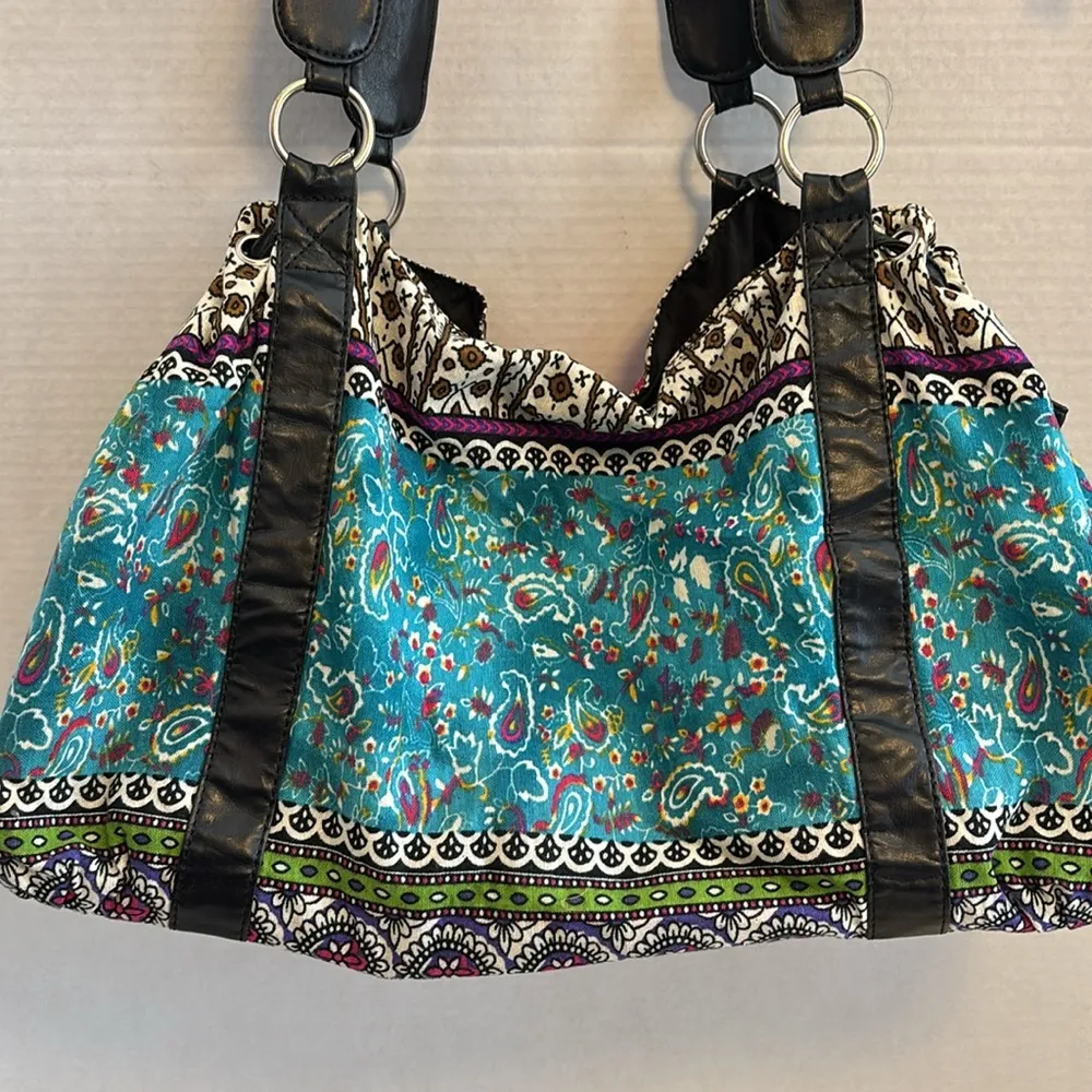 AMICI CLOTH BAG BOHO DESIGN BEGAN LEATHER STRAPS AND TIE STRING ON SIDES Blue - Image 2