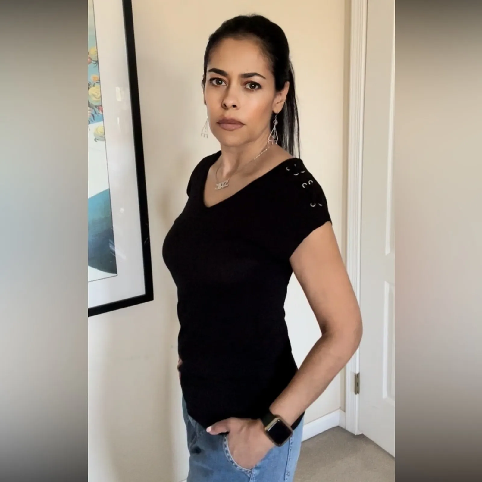 Atmosphere Black V neck short sleeve top size 2 - Image 4