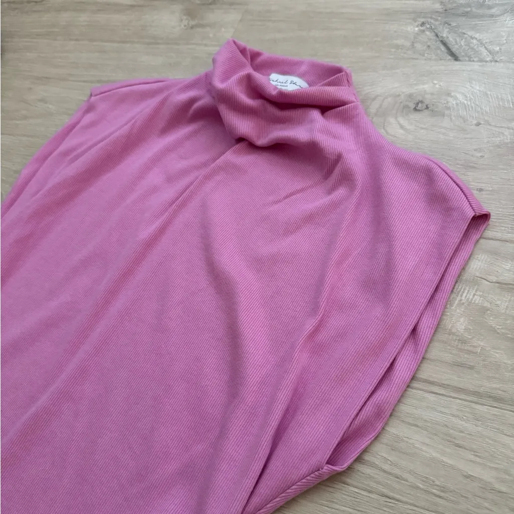 Michael Stars Amara Ribbed Power Shoulder Mock Neck Tee | Bubblegum Pink | M - Image 4