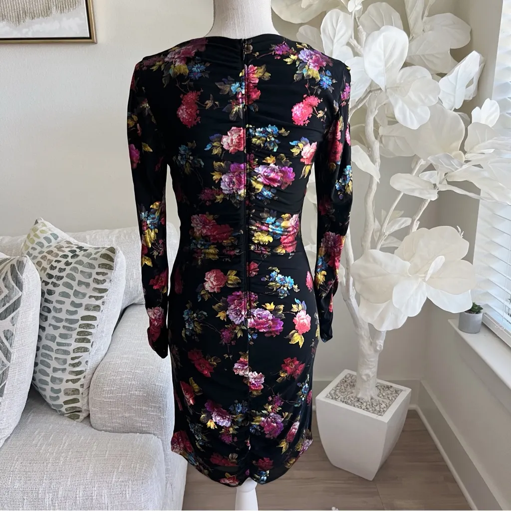 Parker Adrienne Long Sleeve Floral Fitted Ruched Multicolor Black Dress - Image 6