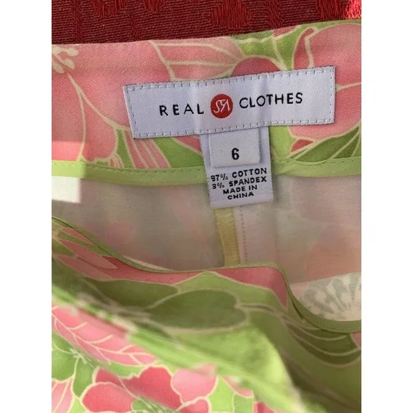 Saks 5th Avenue Real Clothes Floral Side‎ Zip Pants Womens Size 6 Green Pink - Image 4