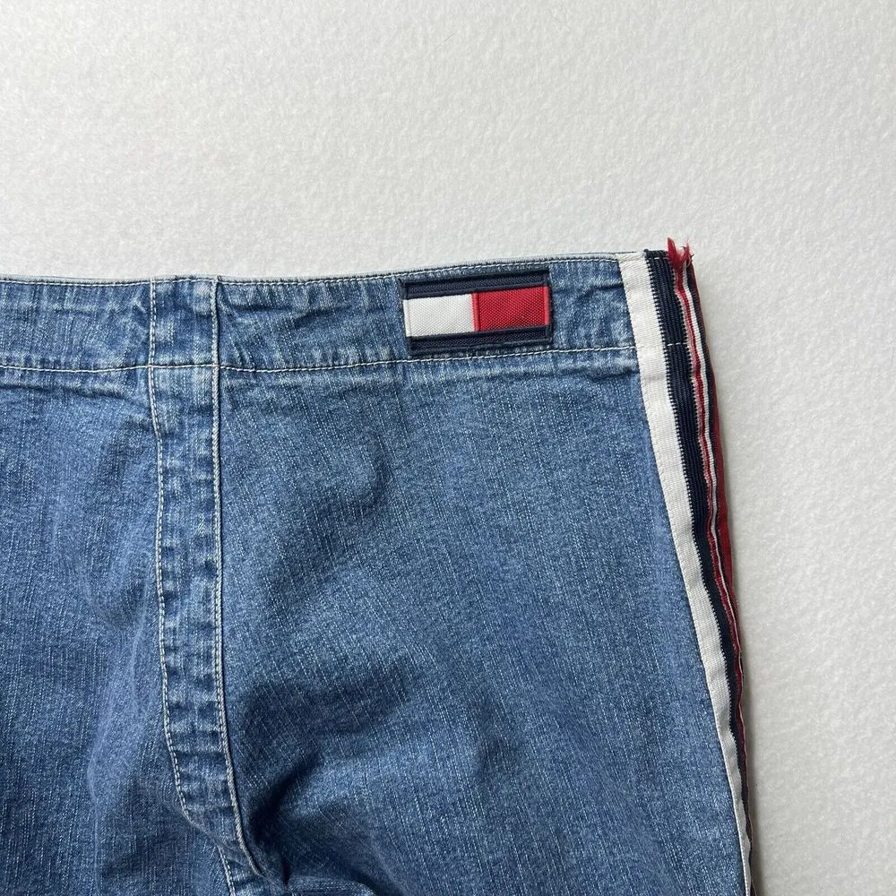 Tommy Jeans Y2K Lace‎ Up Denim Capri Pants Size 11 Blue Red White Stripe Vintage - Image 8